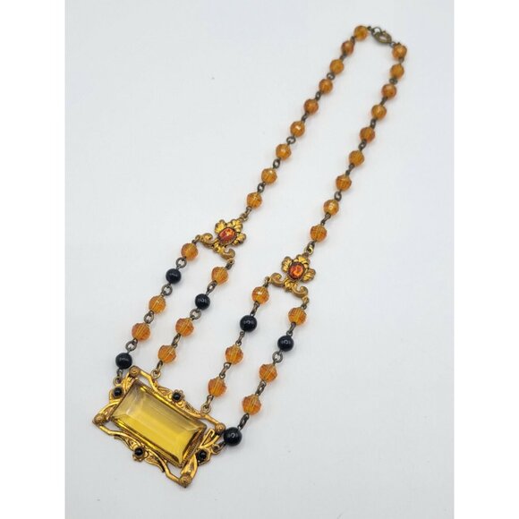 Vintage Art Deco Czech Black and Citrine Glass Pendant Necklace Estate